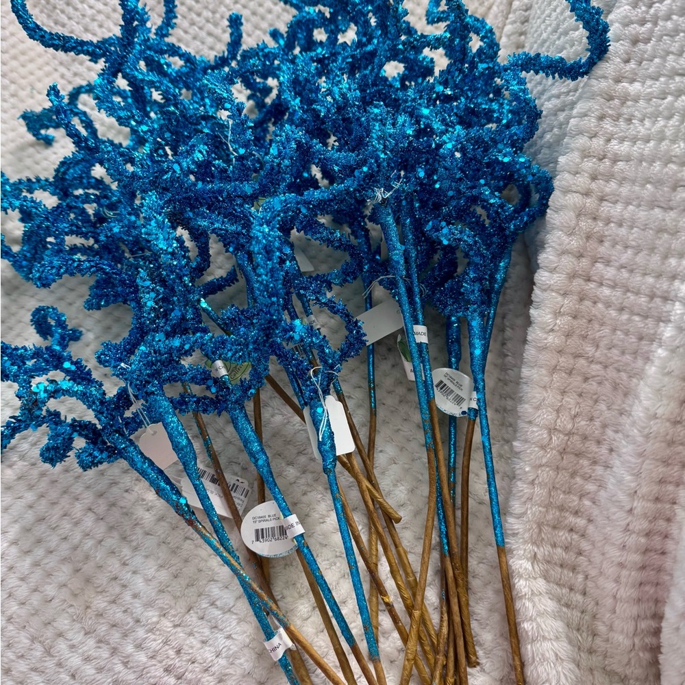 Designer David Christopher Blue Teal Glitter Decorative Stems Picks Set 19
